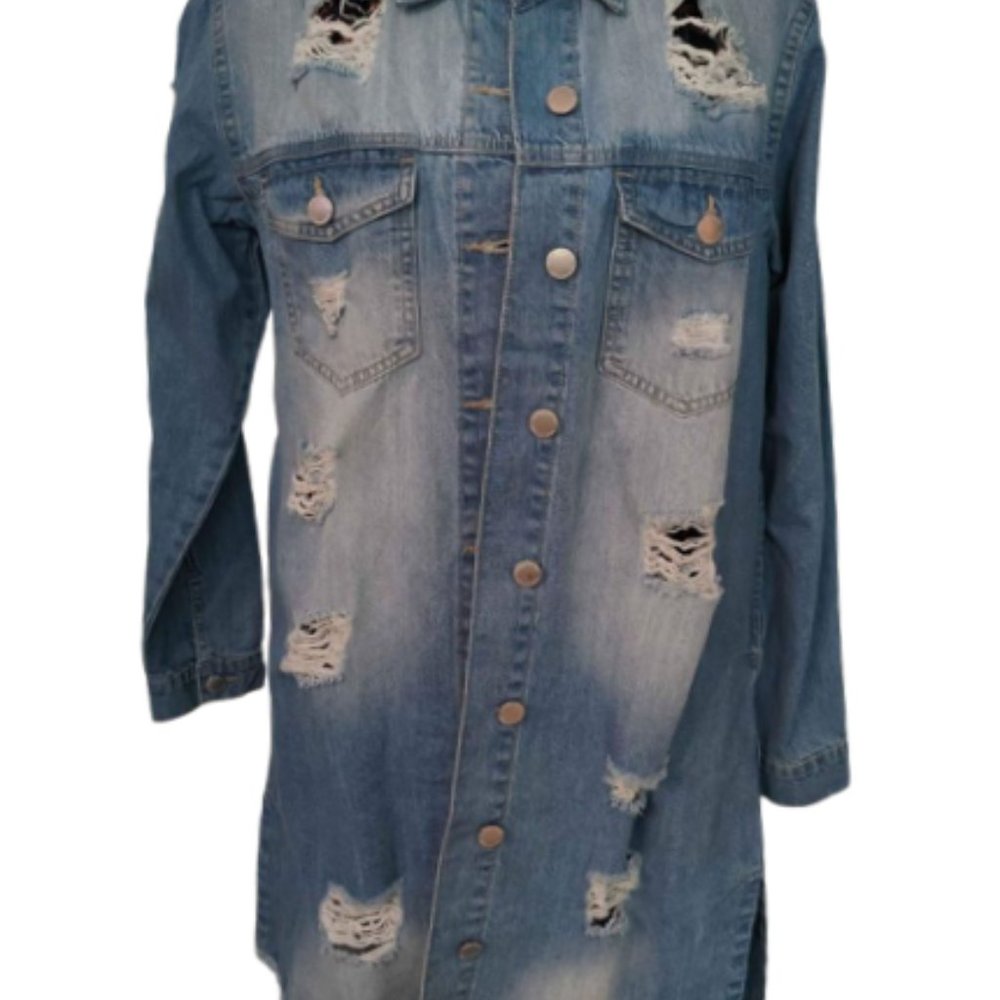 Trendy Distressed Jeans Denim Duster Size Large - Picture 4 of 6